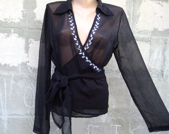 Vintage Black Wrap Beaded Blouse, Romantic Lady Colared Shirt, Long Sleeve Sheer Women Tunic with Ties, Evening Blouse Size L US 14 UK 16