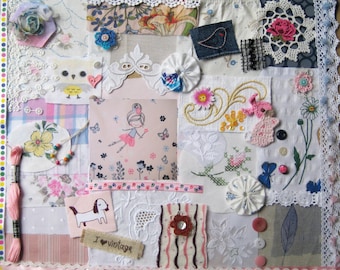 Slow stitch inspiration kit Pink theme, Blue bundle vintage Fabric Lace Button, 65+ Junk journal Supply kit, Scrap fabric & lace, 1950s 90s