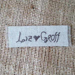 Personalized fabric heart label, sewing name tag, primitive embroidery tag, wrapping supplies, handmade label, custom name tag, rustic tag