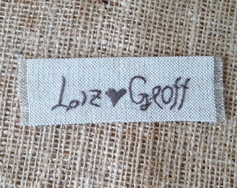 Personalized fabric heart label, sewing name tag, primitive embroidery tag, wrapping supplies, handmade label, custom name tag, rustic tag
