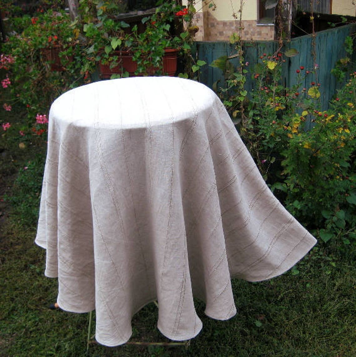 Round Oval Linen Gray Tablecloth, Striped Flax Lace Table Cloth, Washed