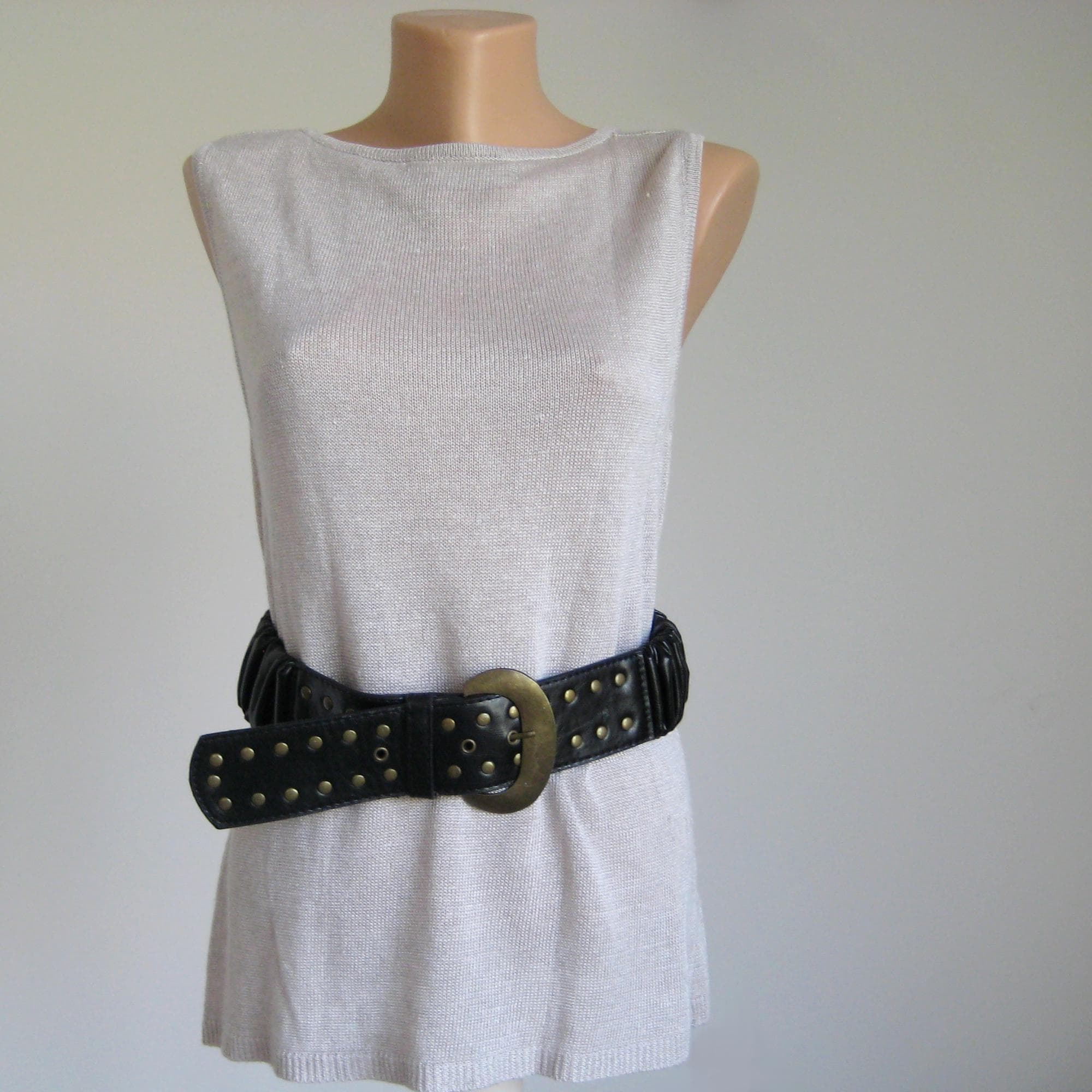 Black 80s Women Elastic Belt, Studded Leather Waist Belt 