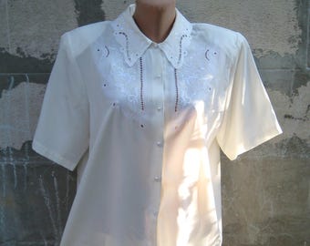 Vintage Christie&Jill Cream Embroidered Blouse, Silk Classic Women Shirt, Secretary Short sleeve Blouse, size L XL US 14 16 UK 16 18