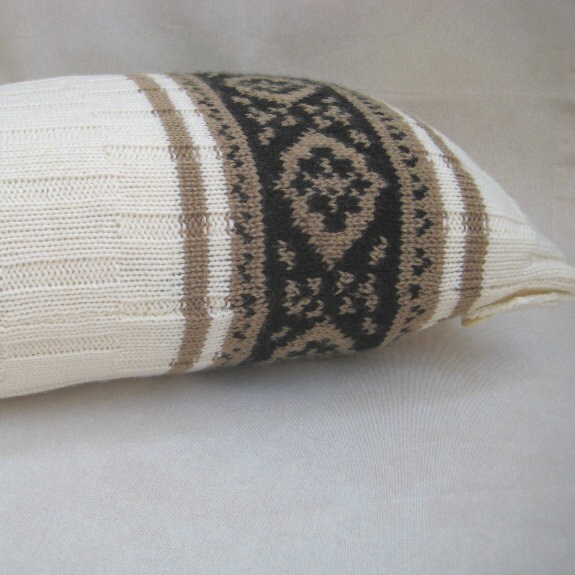 Knitted Wool Lumbar Pillow Case, Decorative Natural white Pillow, Beige Black Jacquard Pillow Cover, Rustic Pillow Sham, Home Decor, 12x18