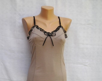 Vintage Tan Camisole Top, Sexy Y2k Tie Cami Top, Lady Beige Top with Black Lace, Party Backless Tricot Top, Strap Blouse, S M 6 8 US 8 10 UK