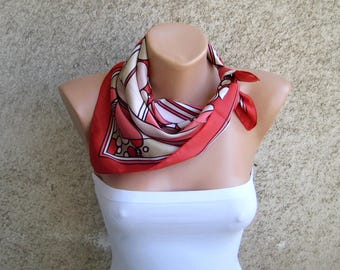 Vintage small red white pink print shawl, lightweight abstract scarf, square rayon bandana, travel women accessory, retro neckerchief, 20"