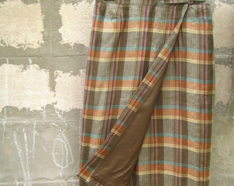 Vintage 90s Klassic Kemper Linen Skirt Size L, Wrap Check Midi Skirt in Taupe Brick Yellow, Women Skirt with Pockets Slit Belt, 14 US 16 UK