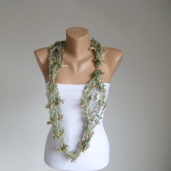 Skinny Infinity Necklace / Yarn Scarf Lightweight / Women Necktie Green Beige / Teen Office Accessory/ Warm Glitter Scarf / BUY 2 GET 1 FREE