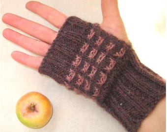 Hand Knit Wool Fingerless Gloves, Brown Powder Rose Fingerless Mittens, Jacquard Arm Warmers, Fall Winter Women Accessory, Christmas Gift