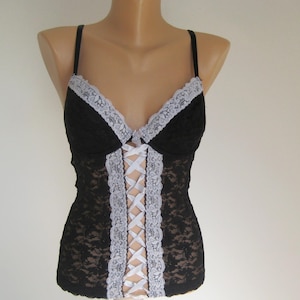Vintage black bustier corset 75B, sexy lace corset bustier top, romantic crop top, classic corset with laces, women strappy top, S US 6 UK