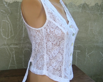 Vintage White Lace Waistcoat, Boho Cropped Jacket with Belt, Romantic Women Redingote Vest, Retro Beach Fashion, Size S 4 US 6 UK