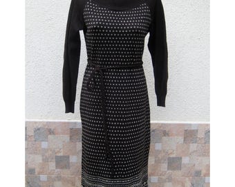 Vintage 70s Jacquard Midi Dress, Brown Beige Turtleneck Knit Dress, Pencil Fair isle Sweaterdress, Long Sleeve Dress, M US 8 UK 10