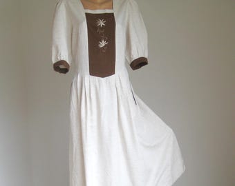 Vintage Dirndl Inspired Midi Dress, Off White Cotton Linen Dress, Puff Sleeve Dress Zipper and Pokets, Embroidery Brown Front Dress, Size XL