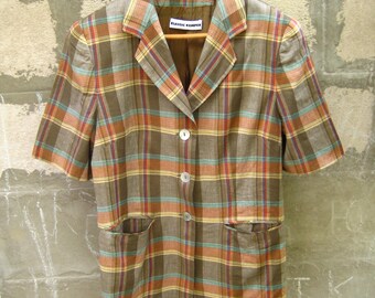 90s Klassic Kemper Linen Blaser Size L, Check Jacket in Taupe Brick Yellow, Women Blaser Pockets Buttons down, 14 US 16 UK