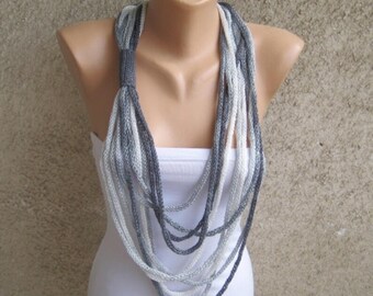 Hand Knitted Ombre Cotton Scarf Necklace, Gray White, Versatile Chain Accessory