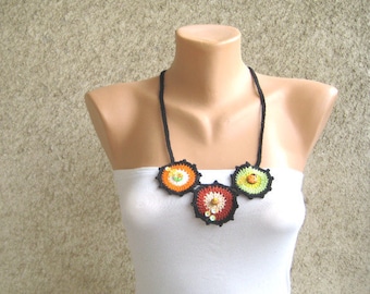 Crochet Bib Necklace Beadwork Black Flowers, Tender Women Accessories, Cotton Sequins Buttons Necklace, Girls Gift Idea, Handmade Accessory