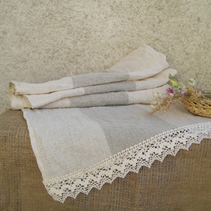 Linen Lace Table runner Striped, Gray Off white Natural linen Cloth, Wedding Wrinkled, Vintage look Country Farmhouse Home & Living 14 x 63