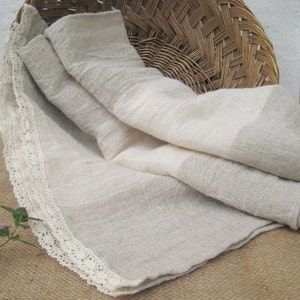 Linen striped table runner, flax lace cloth, gray ivory natural linen, wrinkled, vintage look, wedding, country style, farmhouse 17 x 62