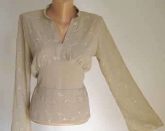 Vintage Beige Embroidered Lady Blouse, Romantic Rayon Floral Blouse, Long Sleeve Collared Women Top with Belt, London Fashion, M US 10 UK 12