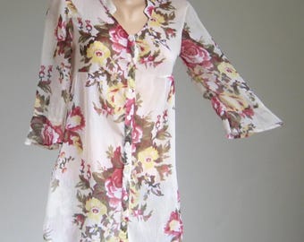 Vintage Floral Rayon Boho Tunic, Romantic Sexy Sheer Blouse, Pastel Red Green Ivory Top, Retro Beach Chic, Silk Women Dress, S XS US 6 UK 8