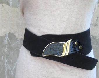 Vintage Black Suede Leather Belt, Appliquéd Metal Buckle, Y2K Boho Accessory (28-32")