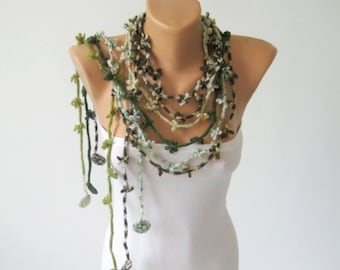 Woodland Scarf Lariat, Bohemian Scarflette, Crocheted Flower Necklace, Women Gift Idea, Set three Green / Brown, Soft Boho Accessory