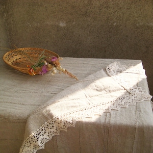 Pure linen lace tablecloth, gray burlap cover, washed wrinkled housewarming, wedding gift, farmhouse vintage inspired kitchen 65&quot; x 85&quot;