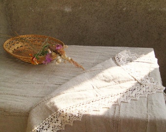 Pure linen lace tablecloth, gray burlap cover, washed wrinkled housewarming, wedding gift, farmhouse vintage inspired kitchen 65&quot; x 85&quot;