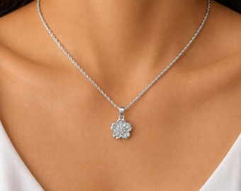925 Sterling Silver Cherry Blossom Necklace, Cubic Zirconia Flower Pendant, Sakura Jewelry