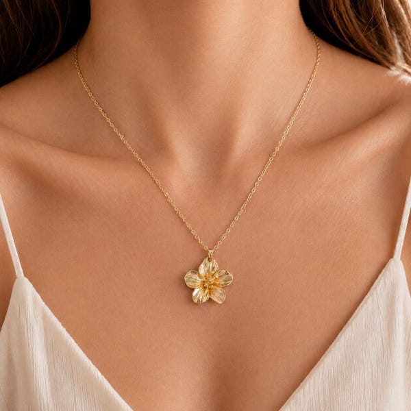 Large Flower Pendant Necklace, Gold Silver Floral Statement Necklace
