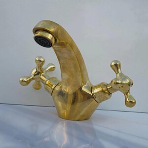 Unlacquered Brass Vanity Sink Faucet, Antique Brass Bathroom Single Hole Faucet, Brass Bathroom Faucet