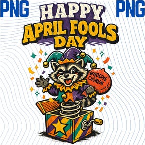 以下が含まれることがあります： エイプリルフールのカラフルなイラスト。道化師の衣装を着たアライグマが、いたずらクッションを持ってジャックインザボックスから飛び出します。「Happy April Fools Day」の文字が上にあり、紙吹雪と星が描かれています。