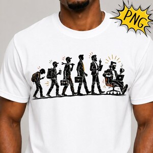 May include: A white t-shirt featuring a black and brown graphic illustration showing the evolution of a person from a student with a backpack to a professional sitting in an office chair with a laptop and a coffee mug, arranged in a linear sequence.