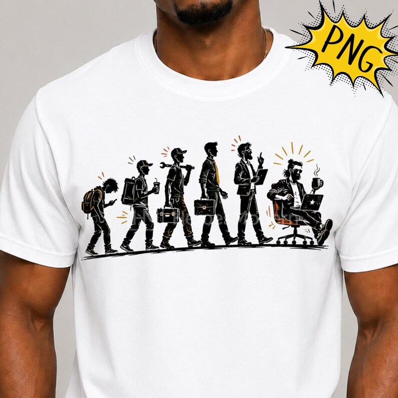 May include: A white t-shirt featuring a black and brown graphic illustration showing the evolution of a person from a student with a backpack to a professional sitting in an office chair with a laptop and a coffee mug, arranged in a linear sequence.