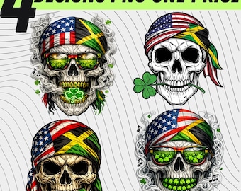 Patriotic Jamaican Skull With Clover PNG: Skull Art USA Jamaica Flag Bandana PNG Lucky Clover Design Shirt (Digital Download)