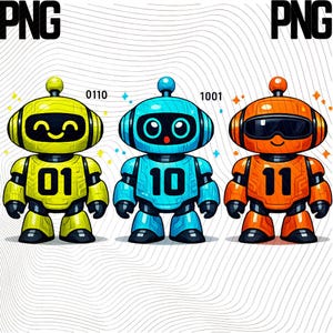 May include: Three colorful robot illustrations. The robots are yellow, blue, and orange, each with a unique design and number on their chest. The yellow robot has the number "01", the blue robot has "10", and the orange robot has "11".