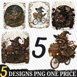 Puede incluir: Cinco diseños digitales que muestran un mapache en bicicleta, con un sombrero de bruja y llevando libros. Los diseños incluyen el texto "On my way to hoard fabrics and cause chaos". El número "5" y el texto "DESIGNS PNG ONE PRICE" también están presentes.