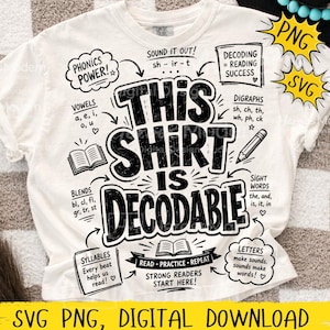 Dit shirt is decodeerbaar SVG PNG: lezing leraar citaat cadeau png, geletterdheid humor png, fonetische leren sublimatie ontwerp (digitale download)