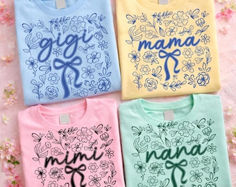 Preppy Gigi Mama Mimi Nana Ready to Press DTF Bundle, Coquette Bow Floral Bow Design, Grandma Mom Gift, Matching Family Shirt Print