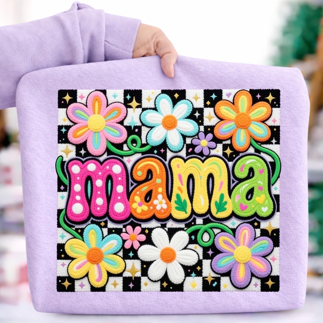 Mama Retro Checkered Floral Ready to Press DTF, Yarn Crochet Effect ...
