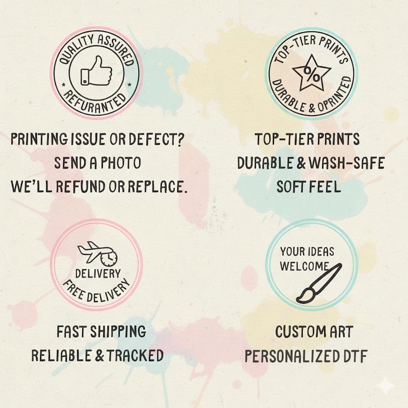 May include: Image featuring circular graphics with text. Text includes "Quality Assured", "Top-Tier Prints", "Free Delivery", and "Your Ideas Welcome". Other text mentions printing issues, refunds, and custom art.