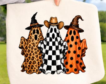 Cute Ghosts DTF, Spooky Season Shirt Design, Checkered Halloween Coquette Transfer, Ready to Press DTF, Retro Ghost Crew Graphic