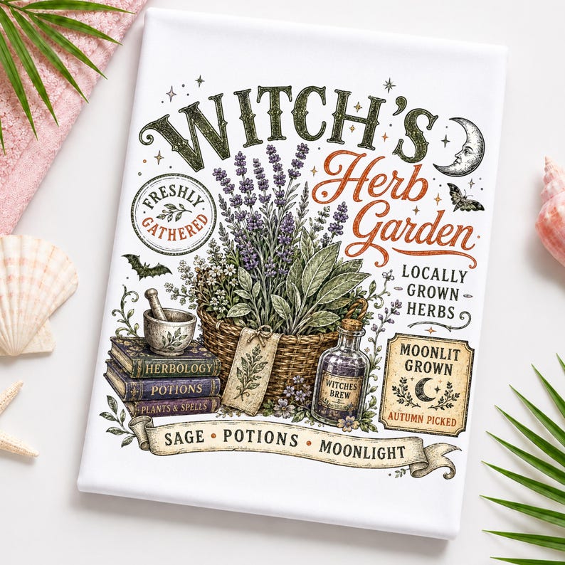 May include: A white rectangular print featuring the text Witch's Herb Garden, with illustrations of a woven basket filled with lavender and sage, a mortar and pestle, stacked books labeled Herbology, Potions, and Plants & Spells, and a bottle.