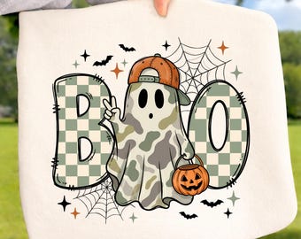 Camo Ghost BOO DTF, Groovy Halloween Shirt Design, Spooky Trick Or Treat Transfer, Ready to Press DTF, Autumn Camouflage Graphic Iron On
