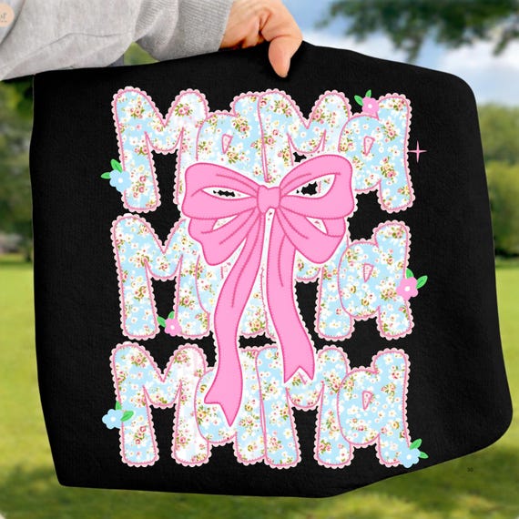 Coquette Bow Mama DTF Transfer, Preppy Floral Bow Design Ready to Press, Cute Pink Blue Retro Mama Shirt Print, Mothers Day Gift, Girly Mama