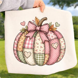 Pink Patchwork Pumpkin DTF Transfer, Cute Fall Shirt Design, Pastel Autumn Season Ready to Press DTF, Girly Halloween Pink Bow Iron On