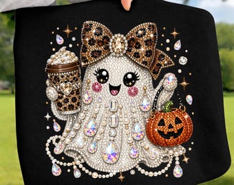 Rhinestone Ghost DTF, Leopard Bow Halloween Shirt Design, Diamond Spooky Graphic Transfer, Ready to Press DTF, Autumn Pumpkin Spice Iron On