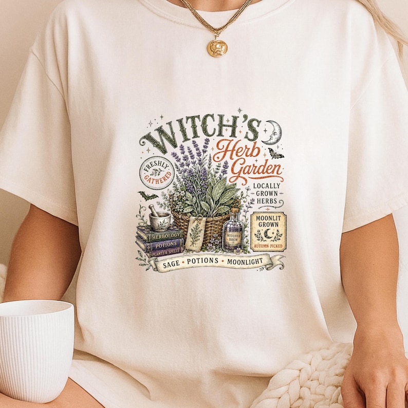 May include: A cream-colored t-shirt featuring a graphic print with the text "Witch's Herb Garden". The design includes a basket of herbs, a mortar and pestle, stacked books, a glass bottle, and small illustrations of a moon, stars, and bats.