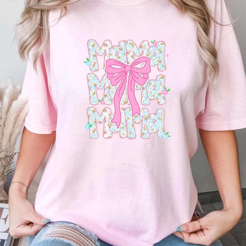 Coquette Bow Mama DTF Transfer, Preppy Floral Bow Design Ready to Press, Cute Pink Blue Retro Mama Shirt Print, Mothers Day Gift, Girly Mama image 6