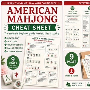 May include: An American Mahjong cheat sheet set featuring nine pages of instructional guides, reference cards, and tile illustrations. The documents include rules, scoring basics, and example hands printed in red, green, and black on white paper.